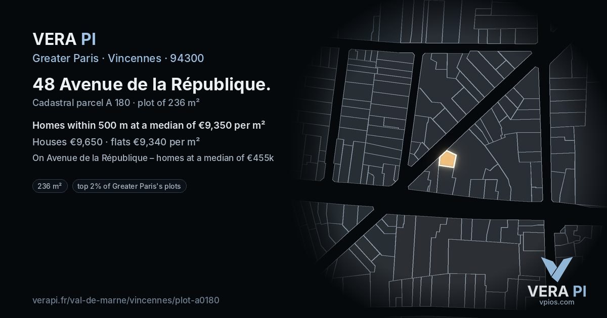48 Avenue de la République, Vincennes at night – the plot lit, the parcels around coloured by the prices near them