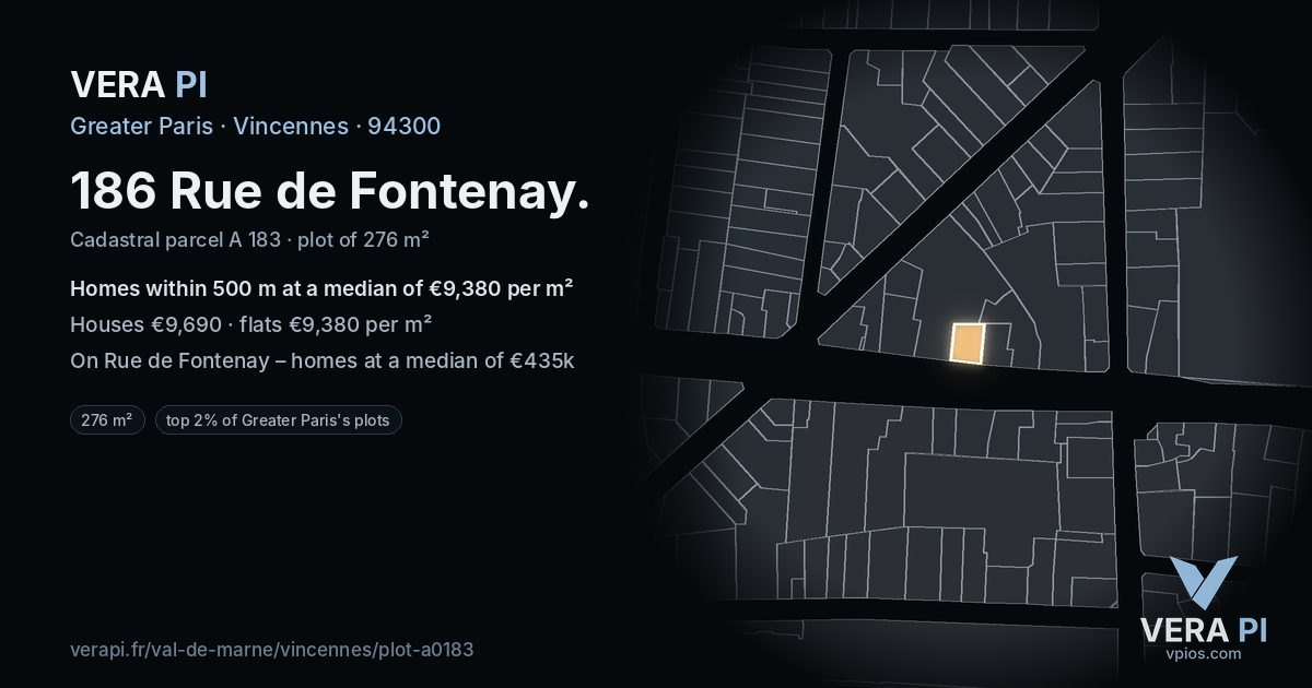 186 Rue de Fontenay, Vincennes at night – the plot lit, the parcels around coloured by the prices near them