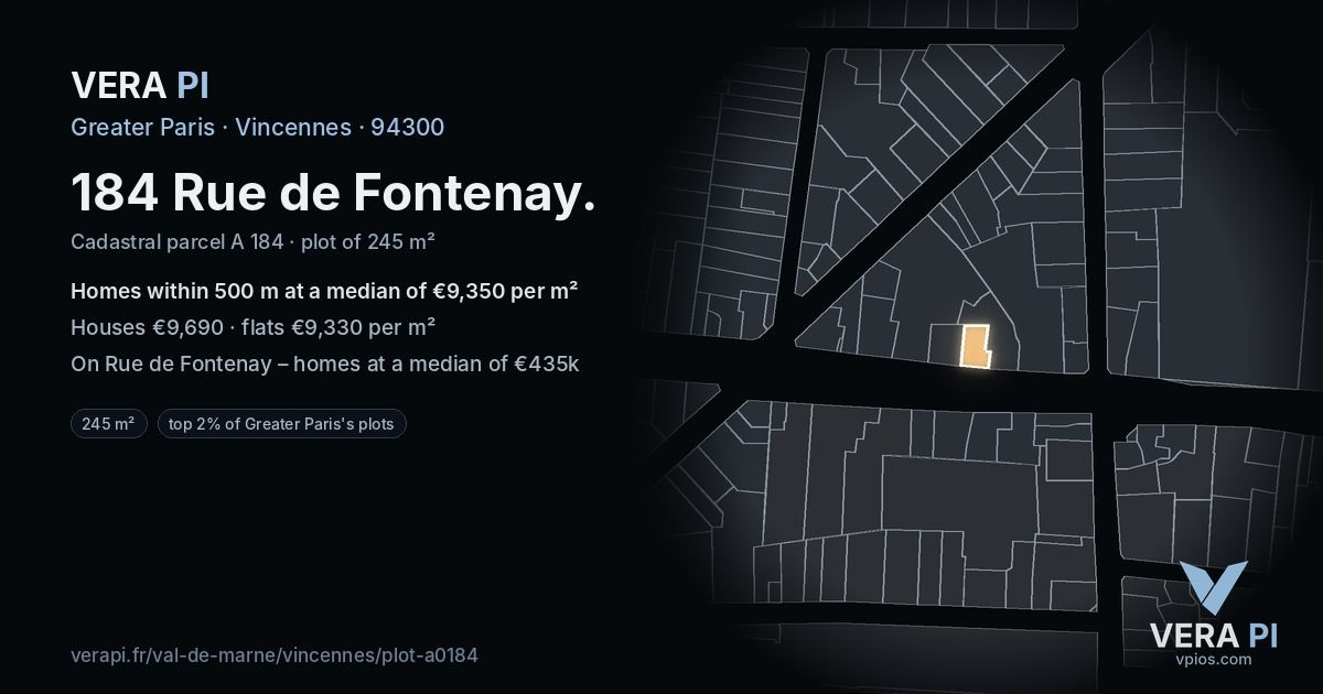 184 Rue de Fontenay, Vincennes at night – the plot lit, the parcels around coloured by the prices near them