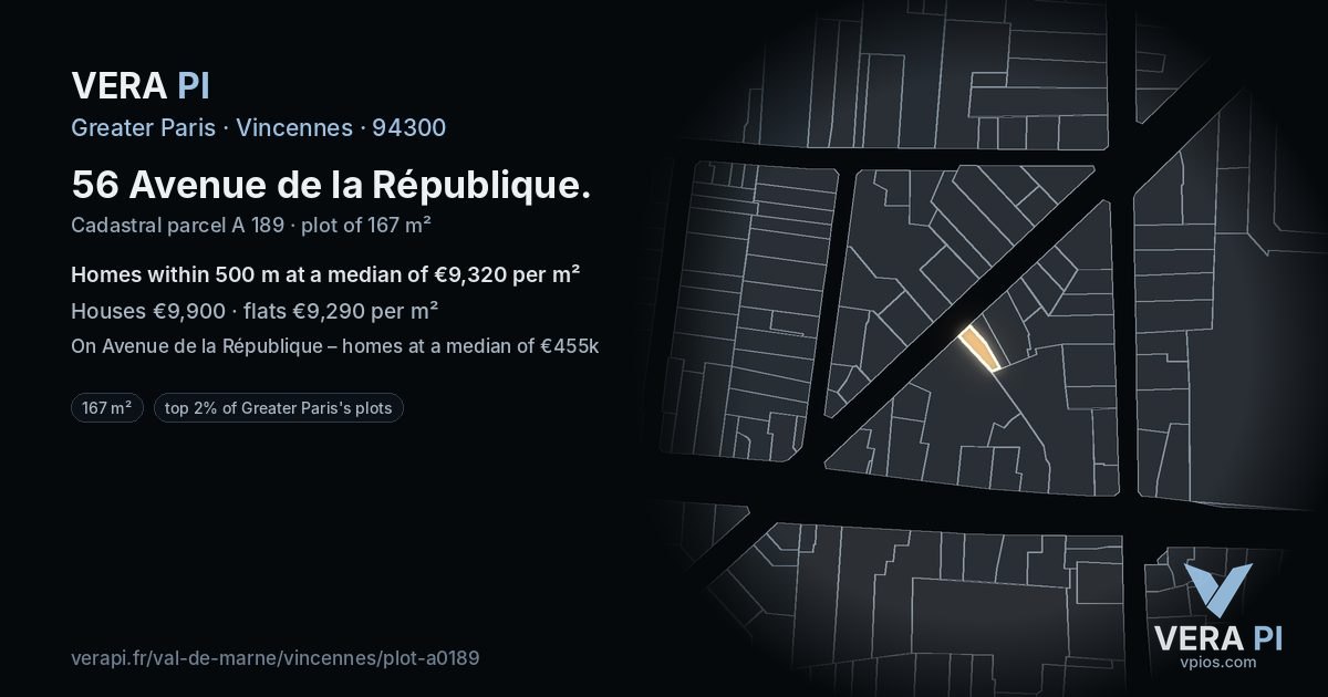 56 Avenue de la République, Vincennes at night – the plot lit, the parcels around coloured by the prices near them