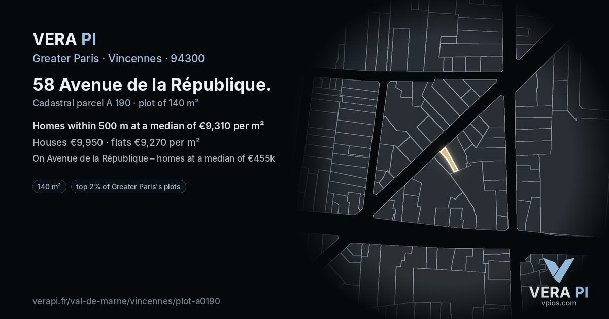 58 Avenue de la République, Vincennes at night – the plot lit, the parcels around coloured by the prices near them