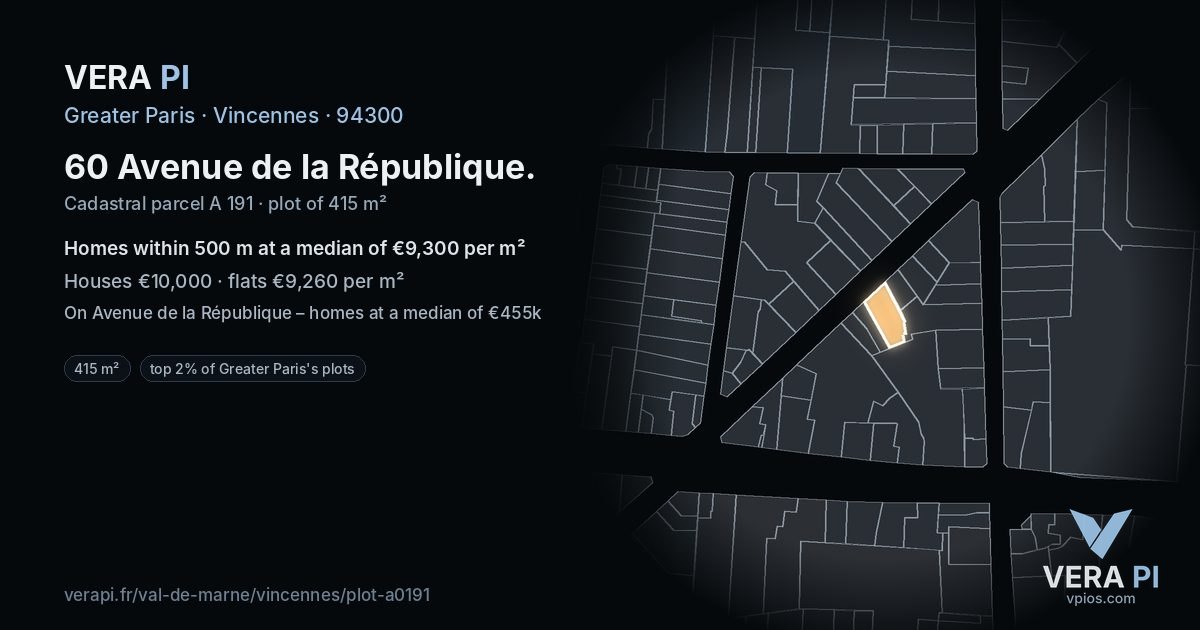 60 Avenue de la République, Vincennes at night – the plot lit, the parcels around coloured by the prices near them