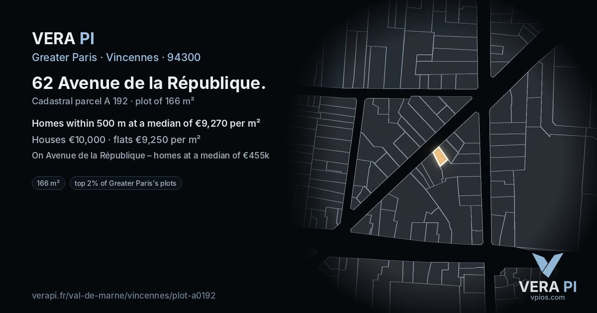 62 Avenue de la République, Vincennes at night – the plot lit, the parcels around coloured by the prices near them