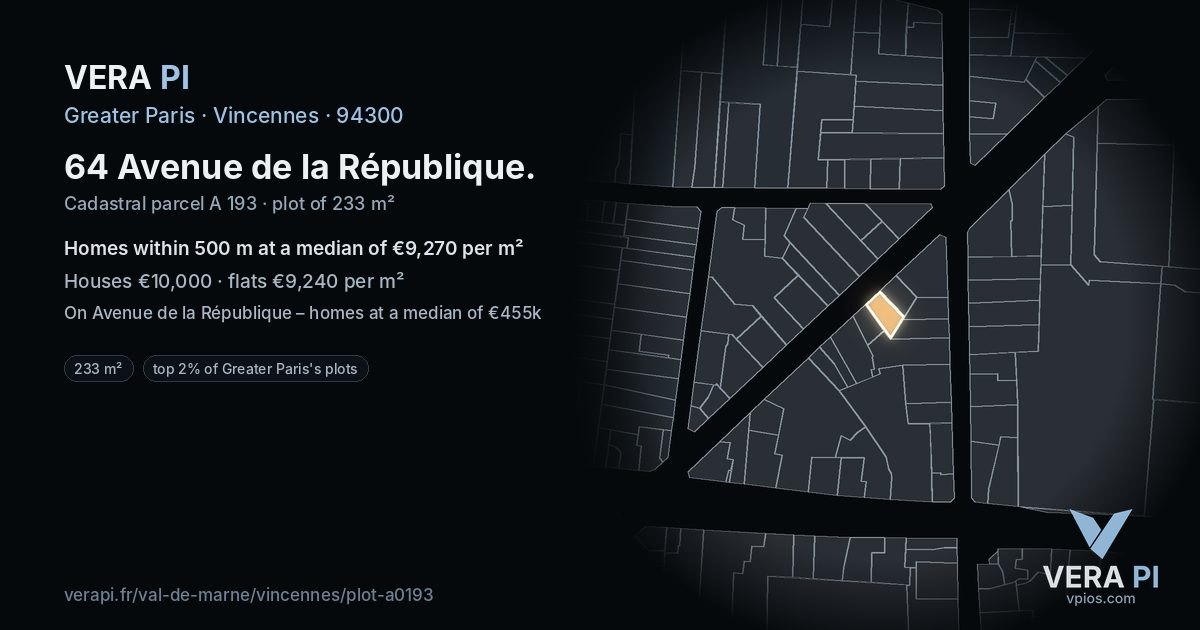 64 Avenue de la République, Vincennes at night – the plot lit, the parcels around coloured by the prices near them