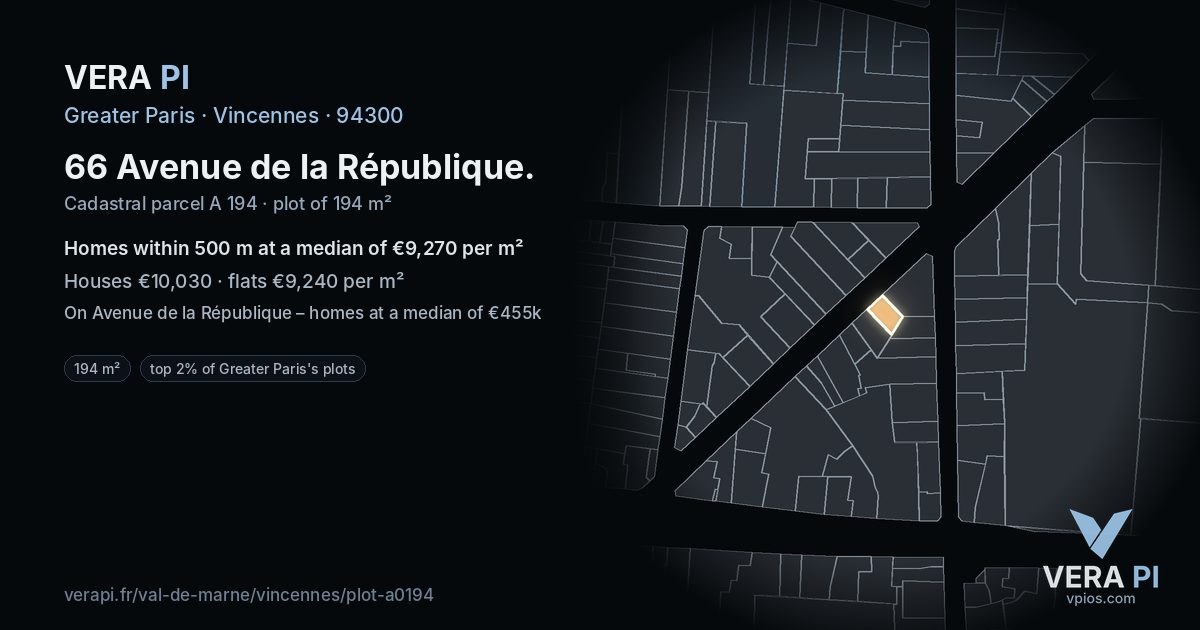 66 Avenue de la République, Vincennes at night – the plot lit, the parcels around coloured by the prices near them