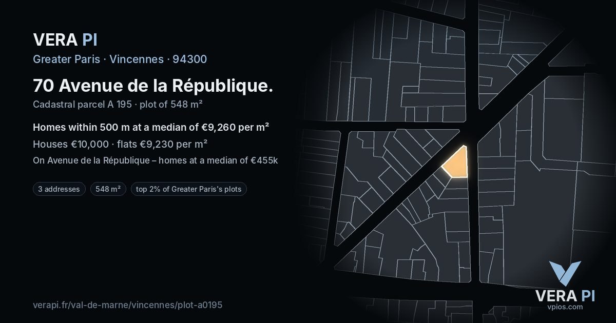 70 Avenue de la République, Vincennes at night – the plot lit, the parcels around coloured by the prices near them