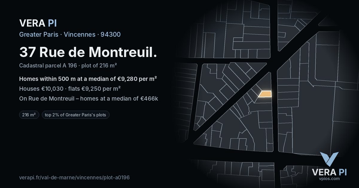 37 Rue de Montreuil, Vincennes at night – the plot lit, the parcels around coloured by the prices near them