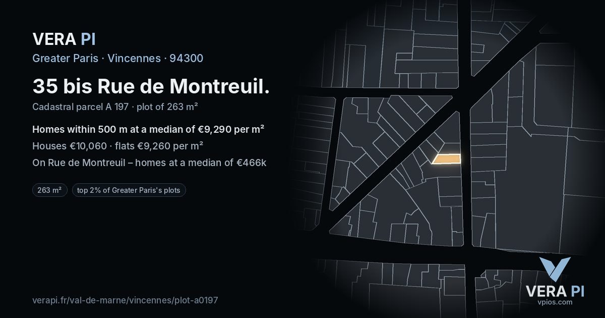 35 bis Rue de Montreuil, Vincennes at night – the plot lit, the parcels around coloured by the prices near them