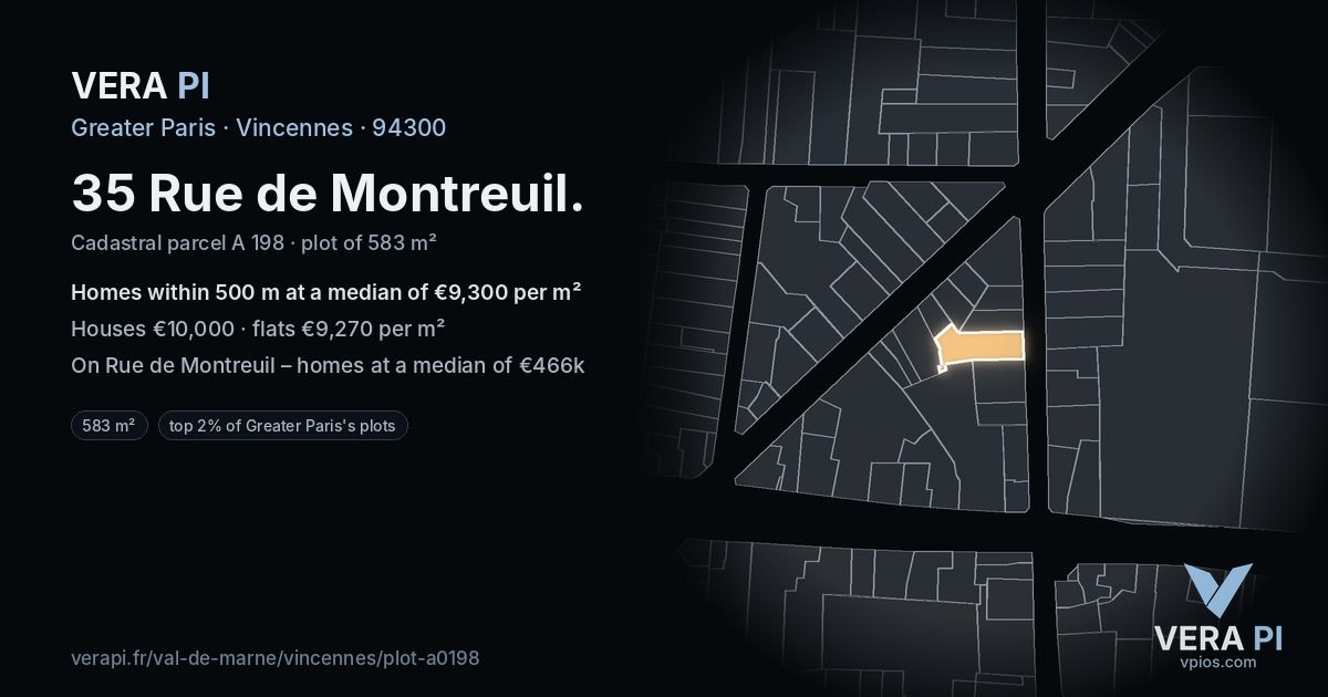 35 Rue de Montreuil, Vincennes at night – the plot lit, the parcels around coloured by the prices near them