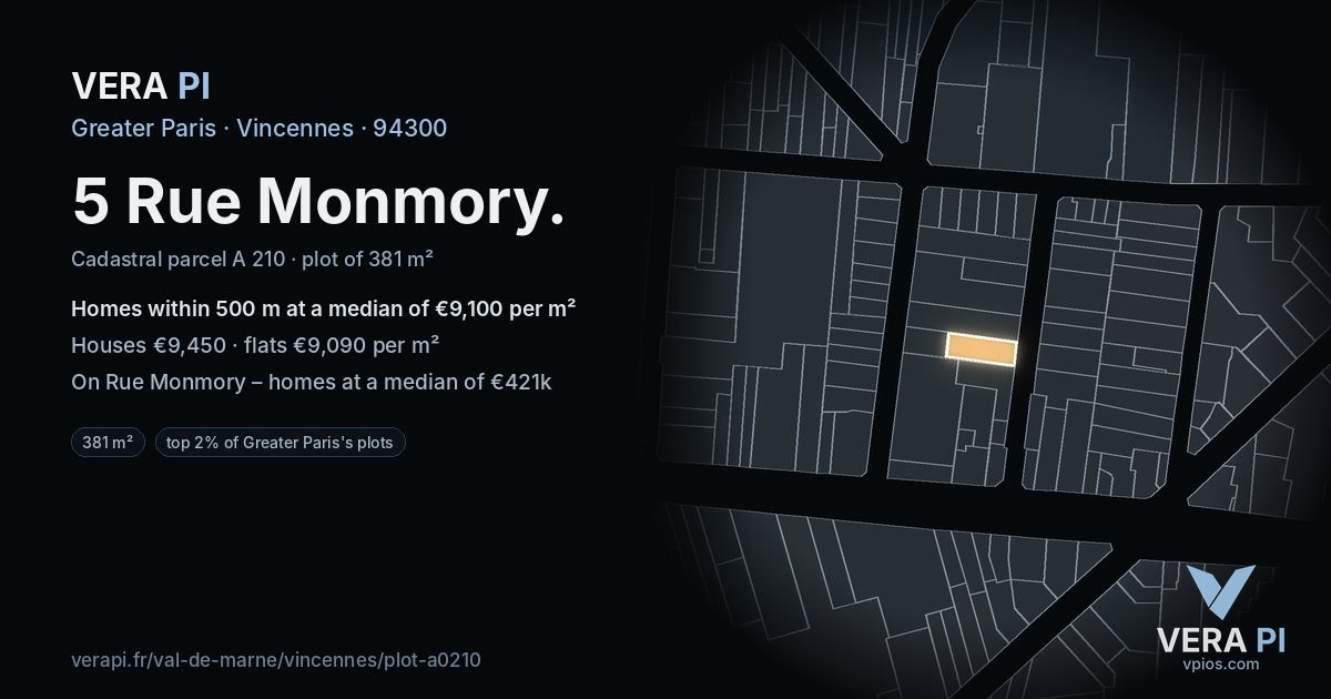 5 Rue Monmory, Vincennes at night – the plot lit, the parcels around coloured by the prices near them