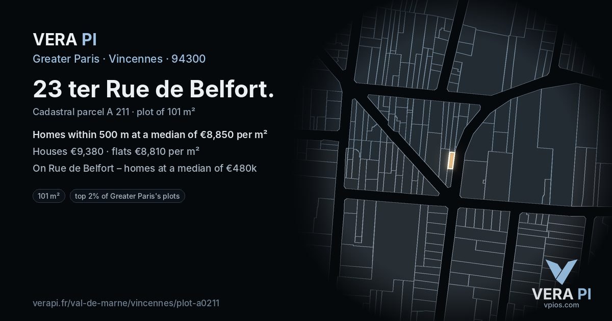23 ter Rue de Belfort, Vincennes at night – the plot lit, the parcels around coloured by the prices near them
