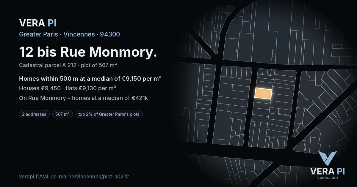 12 bis Rue Monmory, Vincennes at night – the plot lit, the parcels around coloured by the prices near them