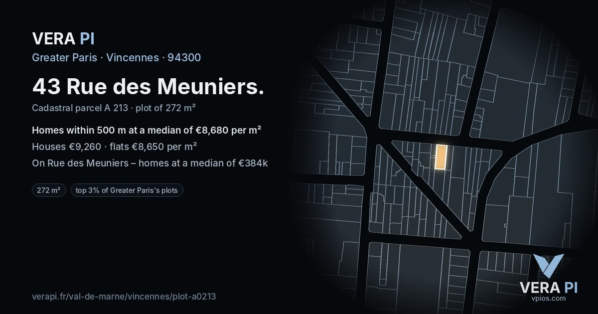 43 Rue des Meuniers, Vincennes at night – the plot lit, the parcels around coloured by the prices near them