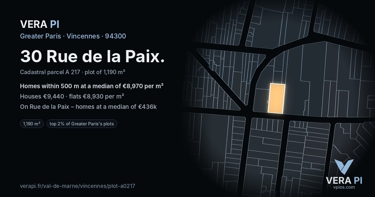 30 Rue de la Paix, Vincennes at night – the plot lit, the parcels around coloured by the prices near them