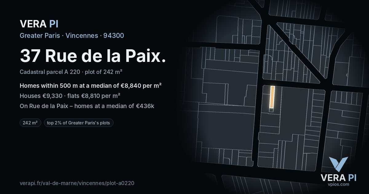 37 Rue de la Paix, Vincennes at night – the plot lit, the parcels around coloured by the prices near them