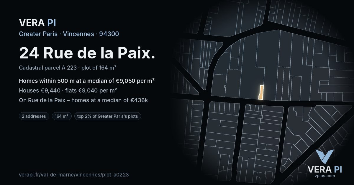 24 Rue de la Paix, Vincennes at night – the plot lit, the parcels around coloured by the prices near them