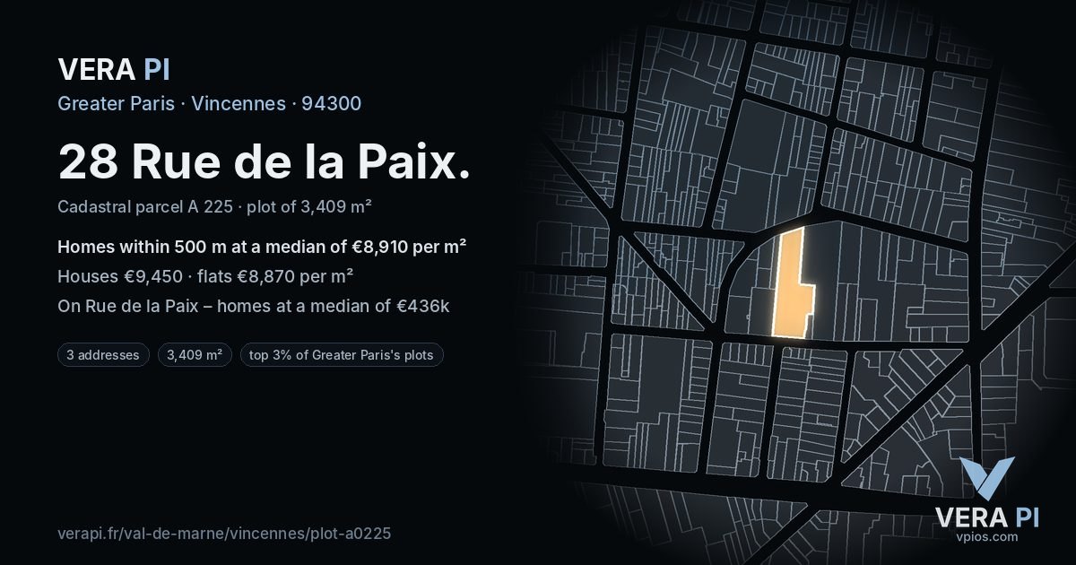 28 Rue de la Paix, Vincennes at night – the plot lit, the parcels around coloured by the prices near them