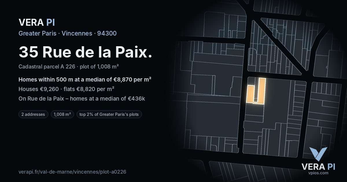 35 Rue de la Paix, Vincennes at night – the plot lit, the parcels around coloured by the prices near them