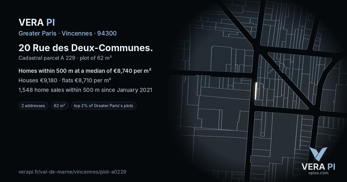 20 Rue des Deux-Communes, Vincennes at night – the plot lit, the parcels around coloured by the prices near them