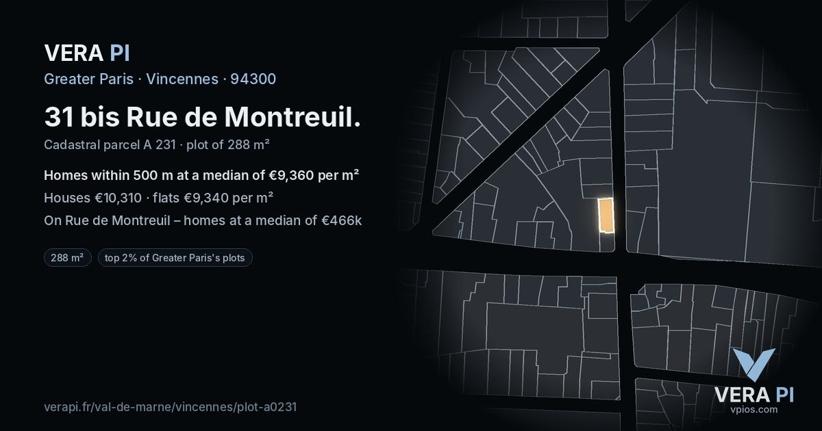 31 bis Rue de Montreuil, Vincennes at night – the plot lit, the parcels around coloured by the prices near them