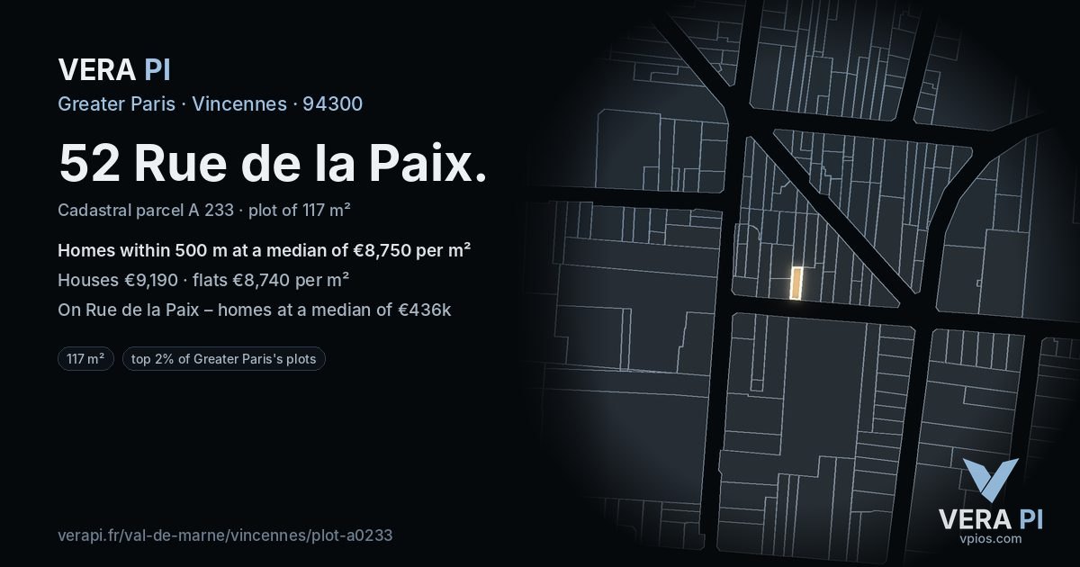 52 Rue de la Paix, Vincennes at night – the plot lit, the parcels around coloured by the prices near them