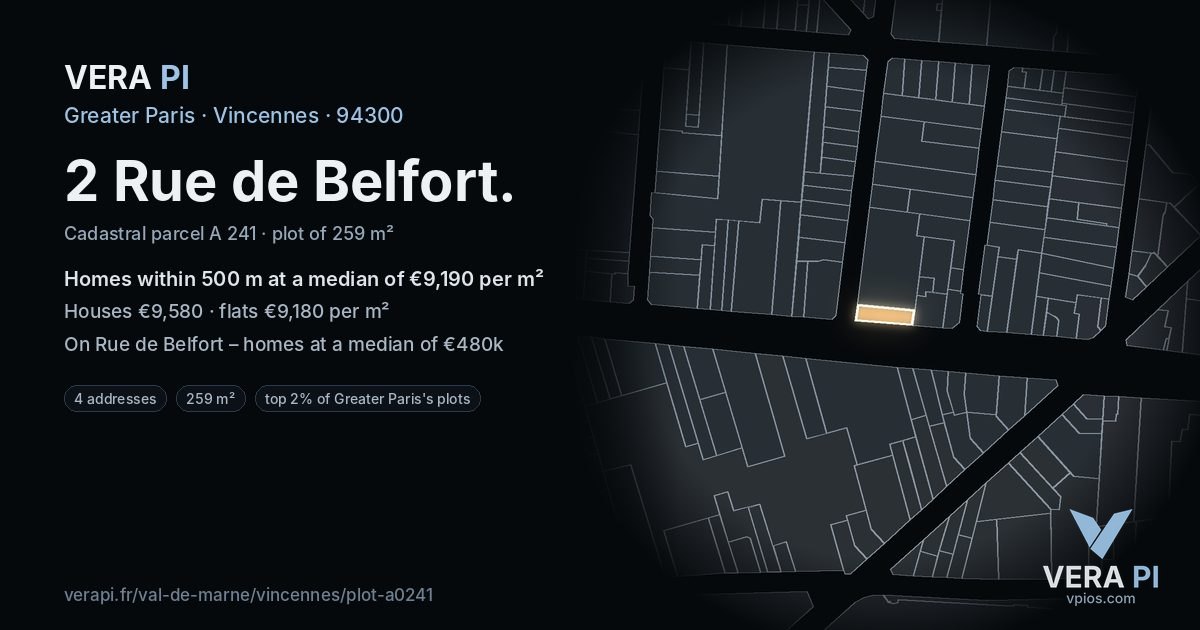 2 Rue de Belfort, Vincennes at night – the plot lit, the parcels around coloured by the prices near them
