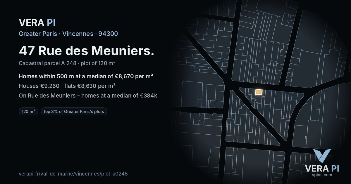 47 Rue des Meuniers, Vincennes at night – the plot lit, the parcels around coloured by the prices near them