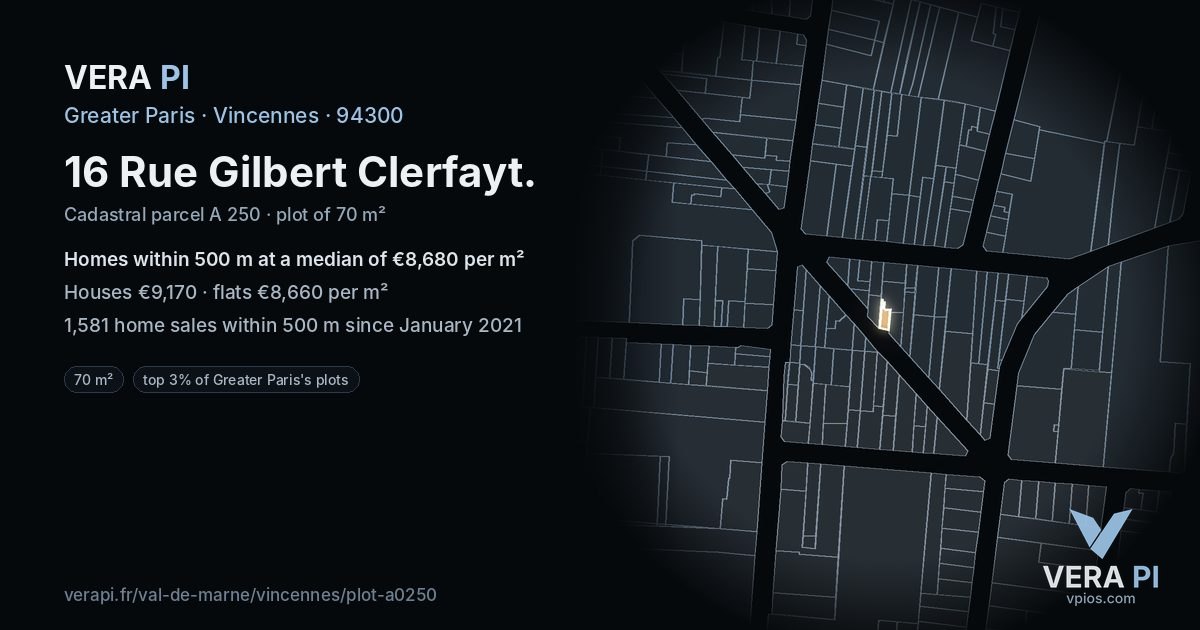16 Rue Gilbert Clerfayt, Vincennes at night – the plot lit, the parcels around coloured by the prices near them
