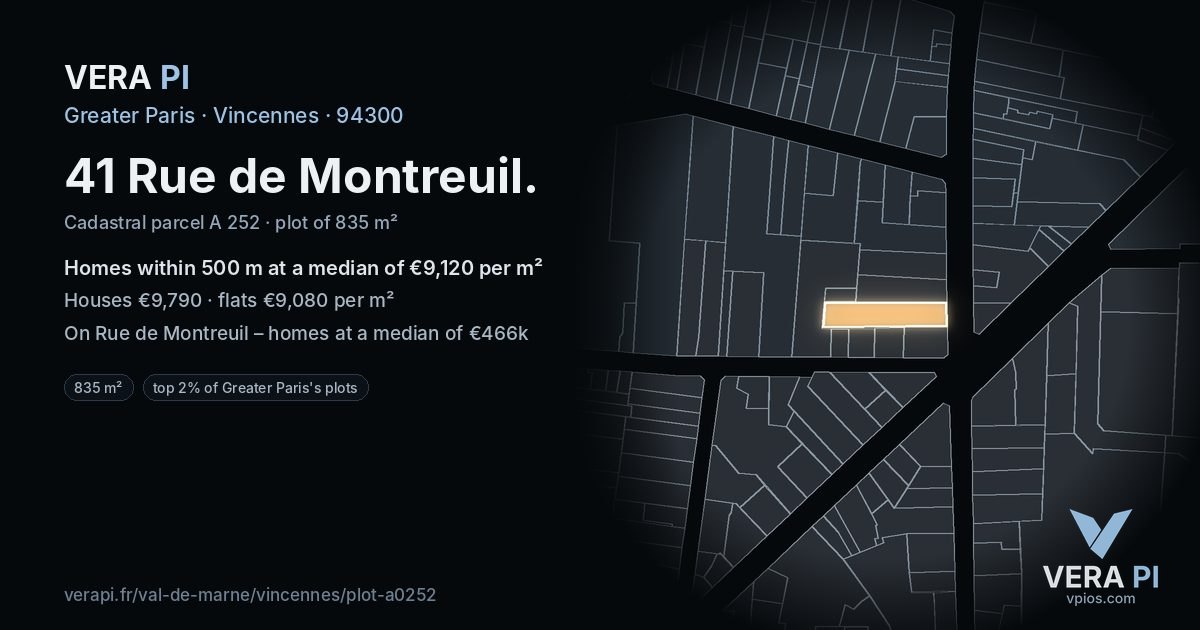 41 Rue de Montreuil, Vincennes at night – the plot lit, the parcels around coloured by the prices near them