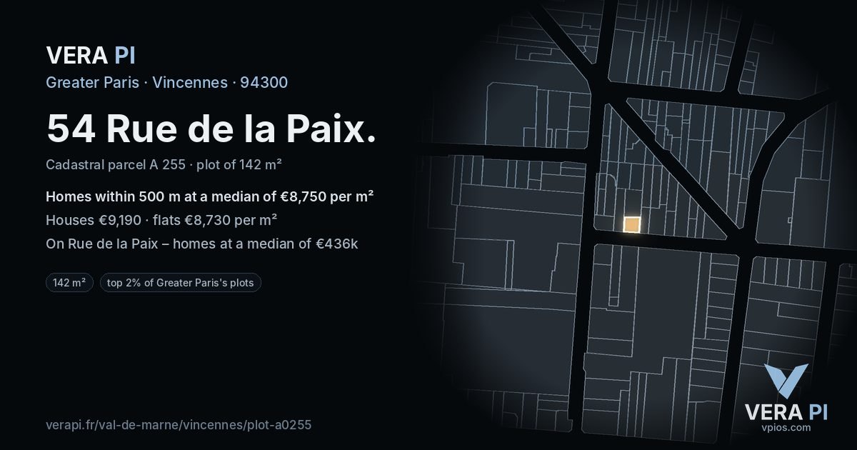 54 Rue de la Paix, Vincennes at night – the plot lit, the parcels around coloured by the prices near them
