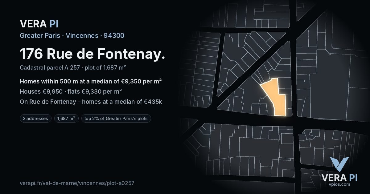 176 Rue de Fontenay, Vincennes at night – the plot lit, the parcels around coloured by the prices near them