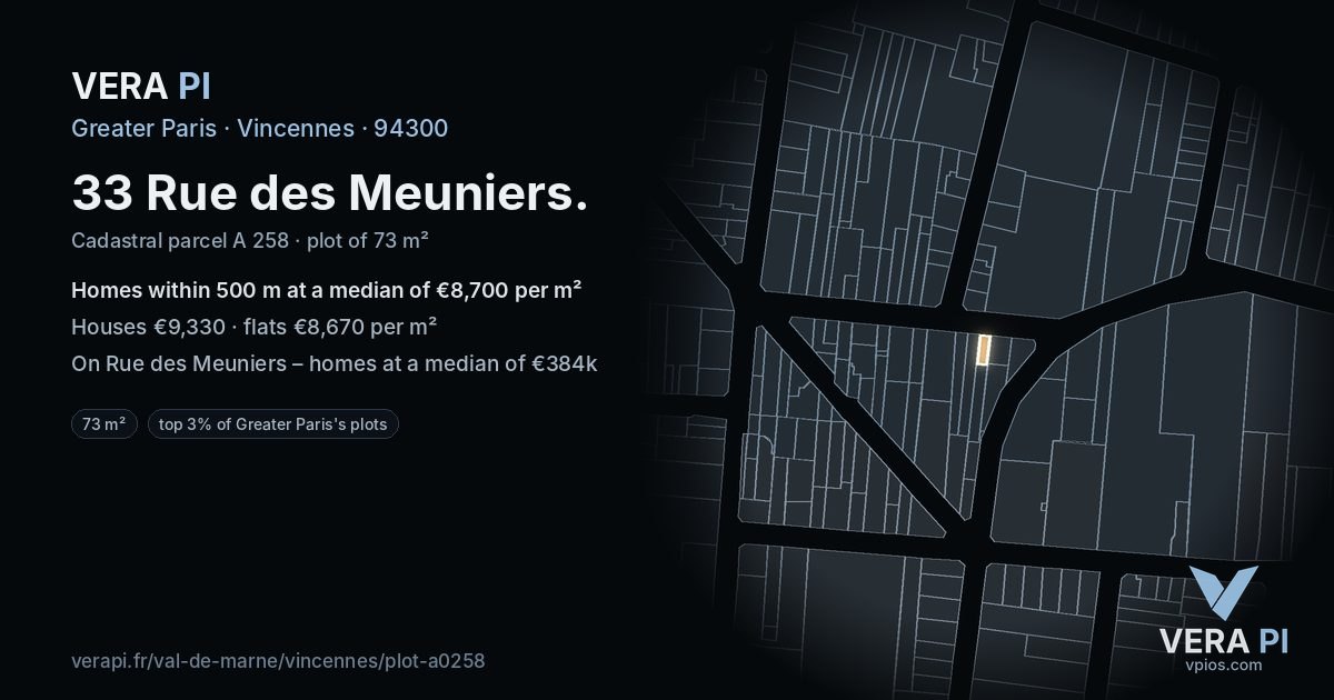 33 Rue des Meuniers, Vincennes at night – the plot lit, the parcels around coloured by the prices near them