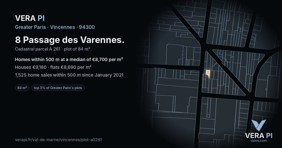 8 Passage des Varennes, Vincennes at night – the plot lit, the parcels around coloured by the prices near them