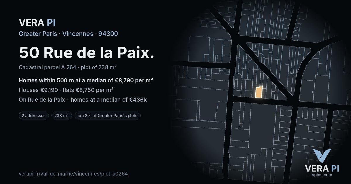 50 Rue de la Paix, Vincennes at night – the plot lit, the parcels around coloured by the prices near them