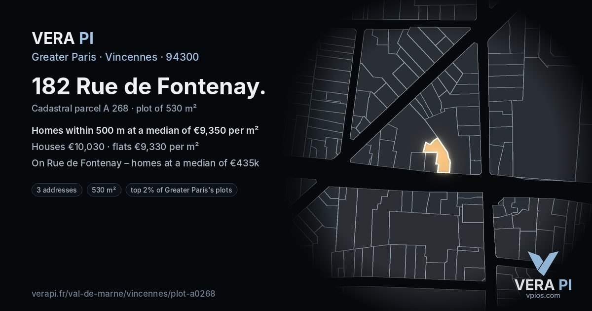 182 Rue de Fontenay, Vincennes at night – the plot lit, the parcels around coloured by the prices near them