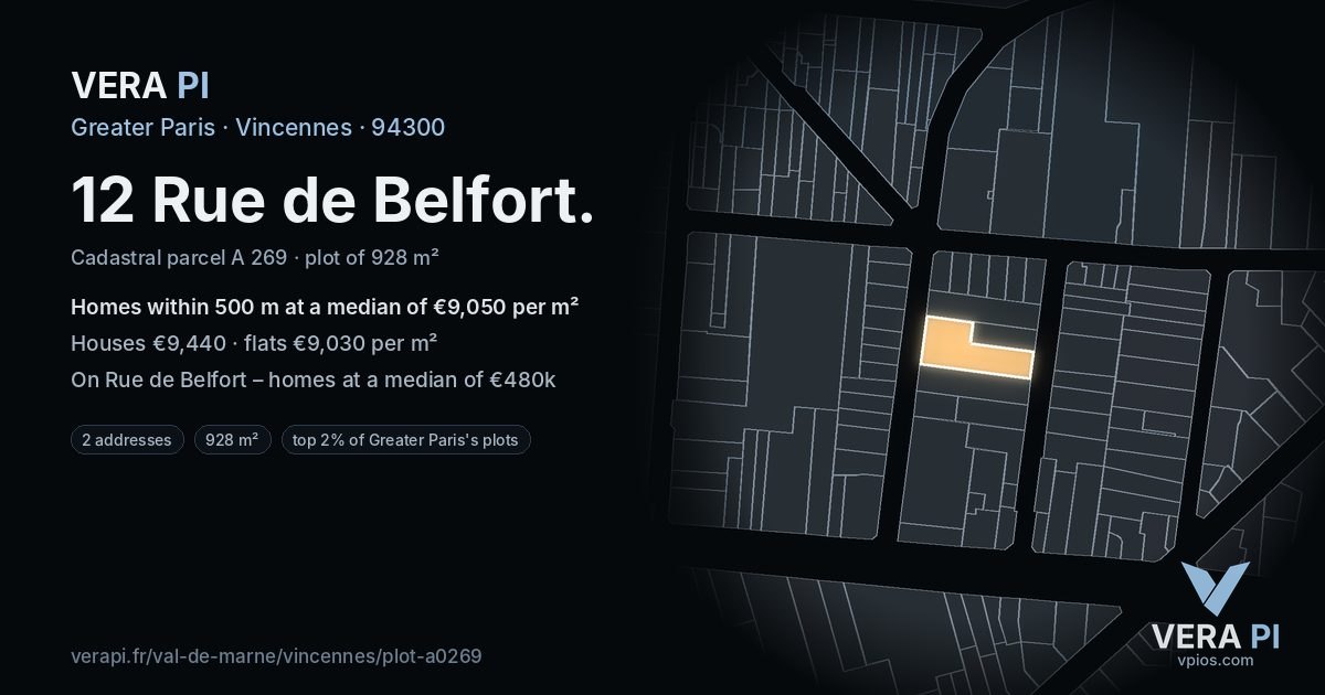 12 Rue de Belfort, Vincennes at night – the plot lit, the parcels around coloured by the prices near them