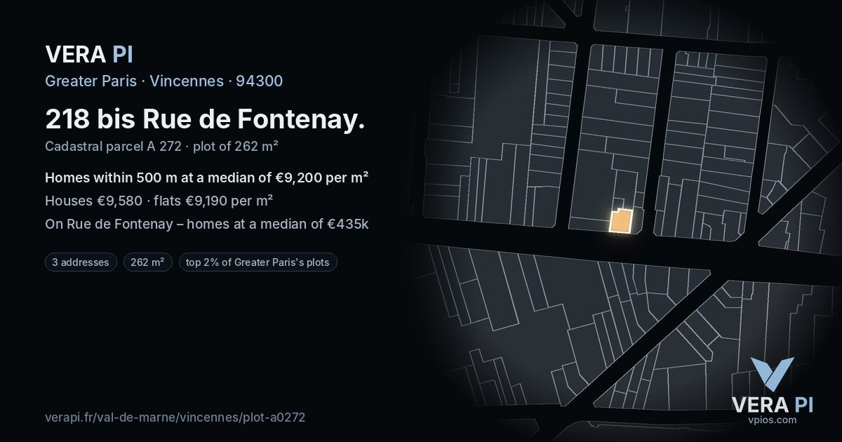218 bis Rue de Fontenay, Vincennes at night – the plot lit, the parcels around coloured by the prices near them