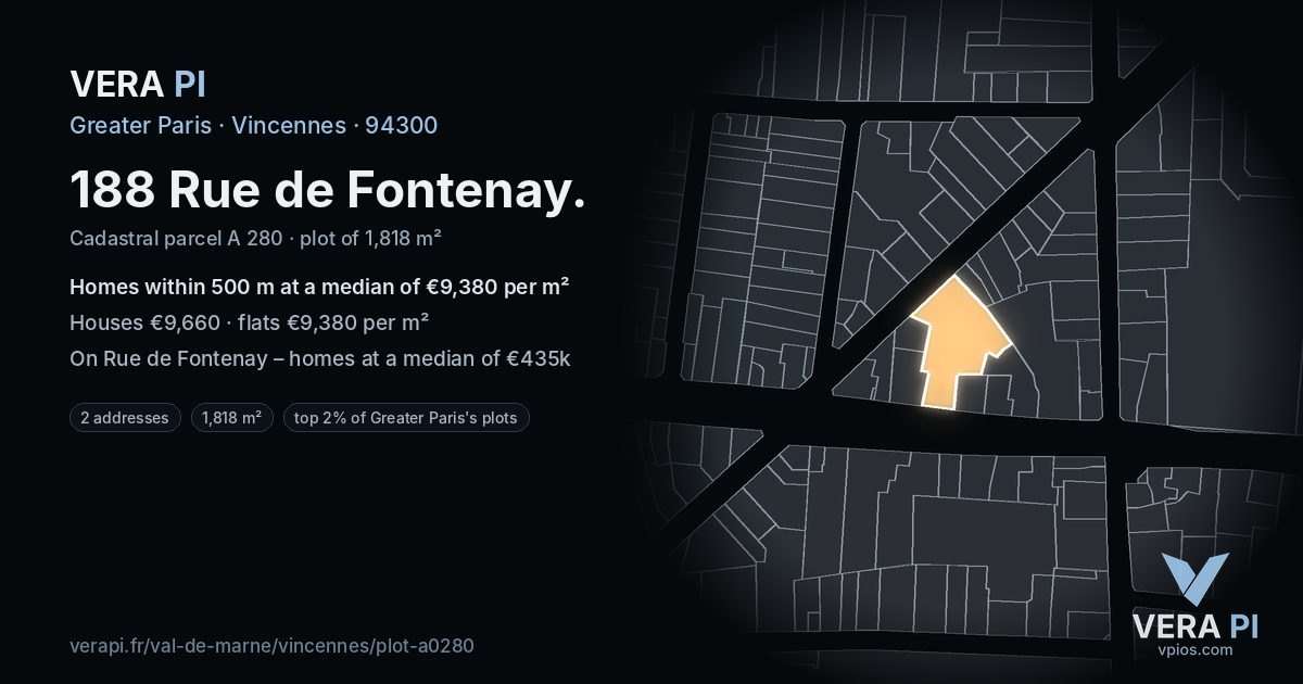 188 Rue de Fontenay, Vincennes at night – the plot lit, the parcels around coloured by the prices near them