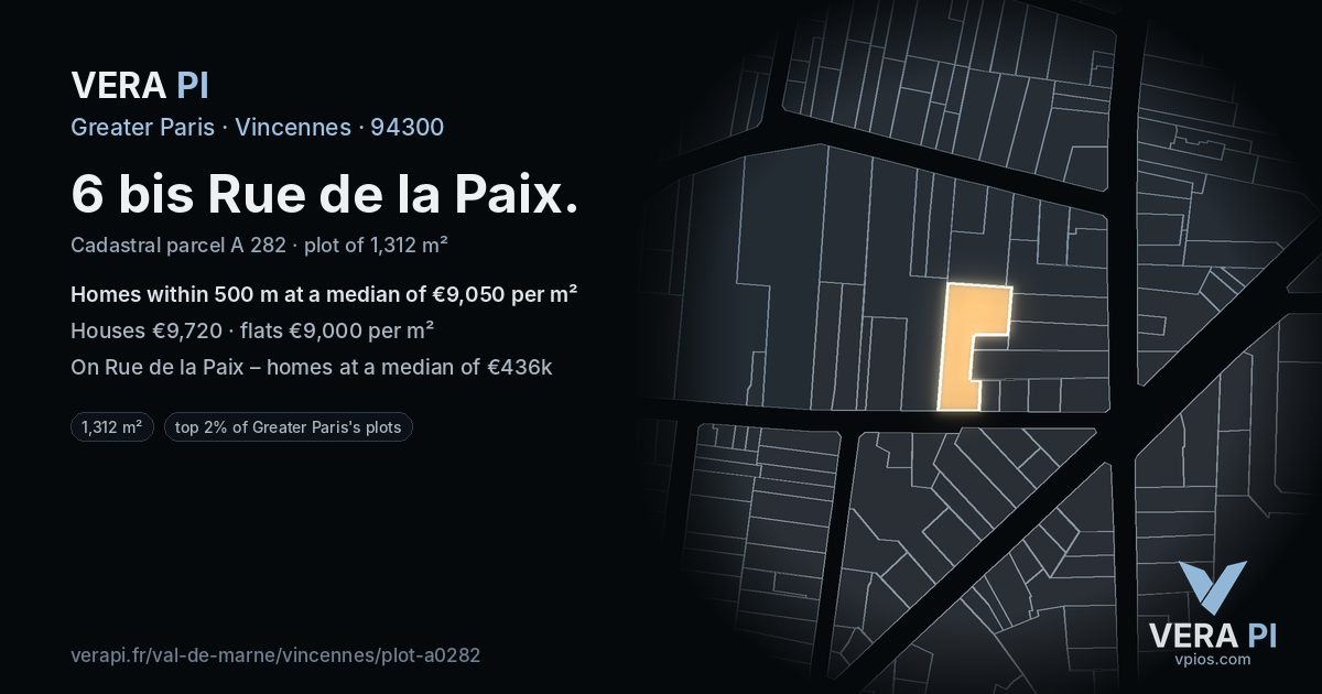 6 bis Rue de la Paix, Vincennes at night – the plot lit, the parcels around coloured by the prices near them