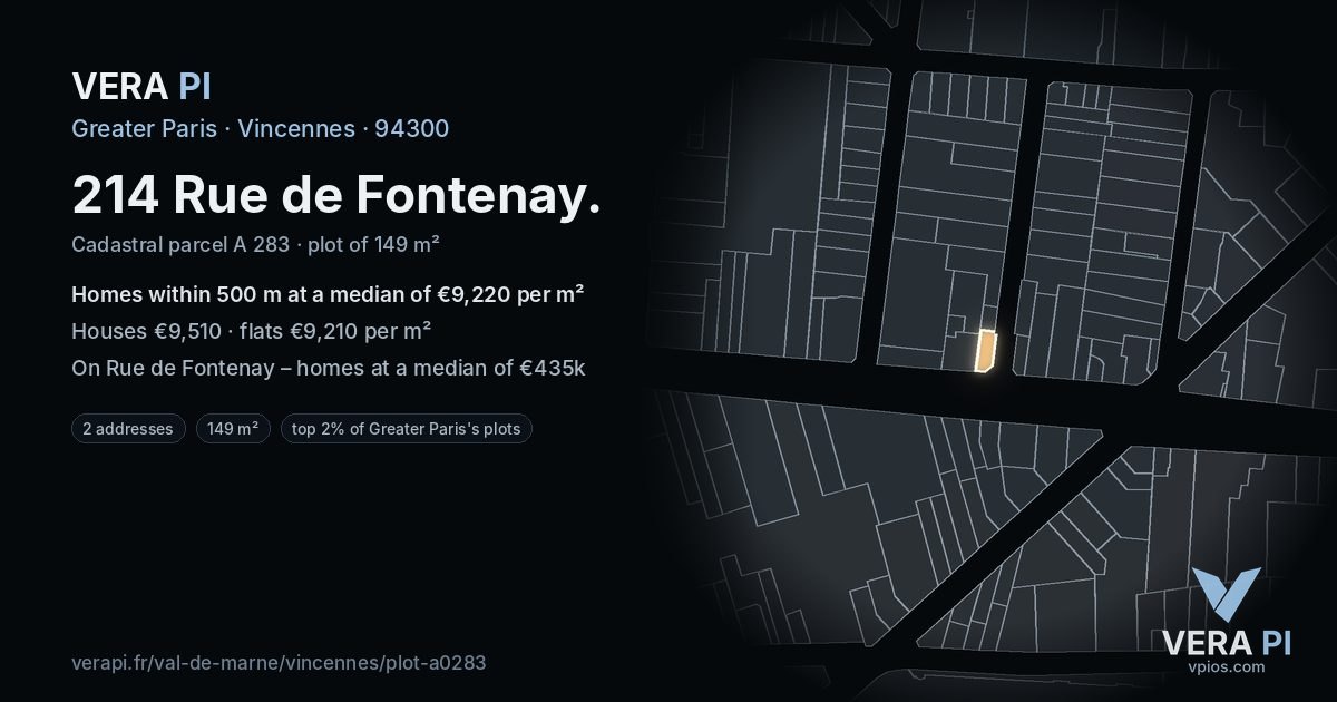 214 Rue de Fontenay, Vincennes at night – the plot lit, the parcels around coloured by the prices near them