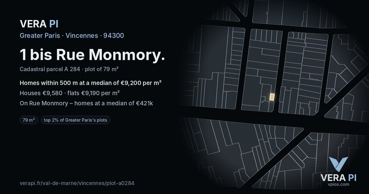 1 bis Rue Monmory, Vincennes at night – the plot lit, the parcels around coloured by the prices near them