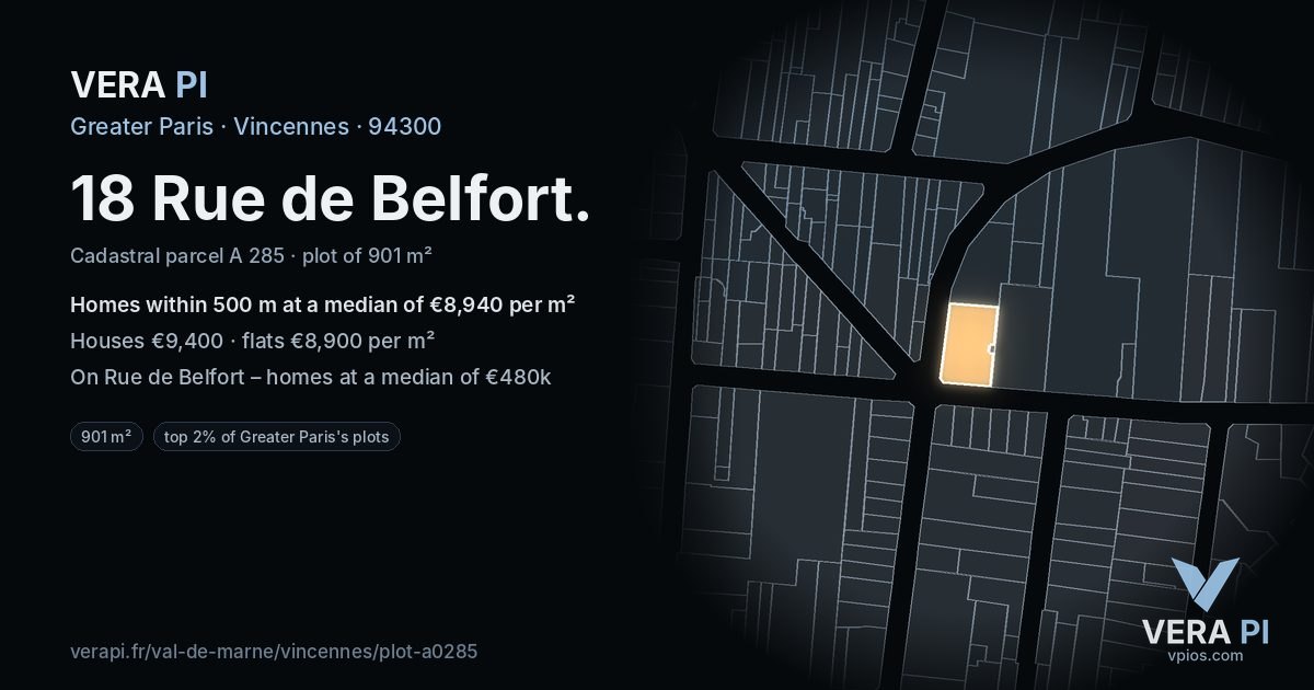 18 Rue de Belfort, Vincennes at night – the plot lit, the parcels around coloured by the prices near them