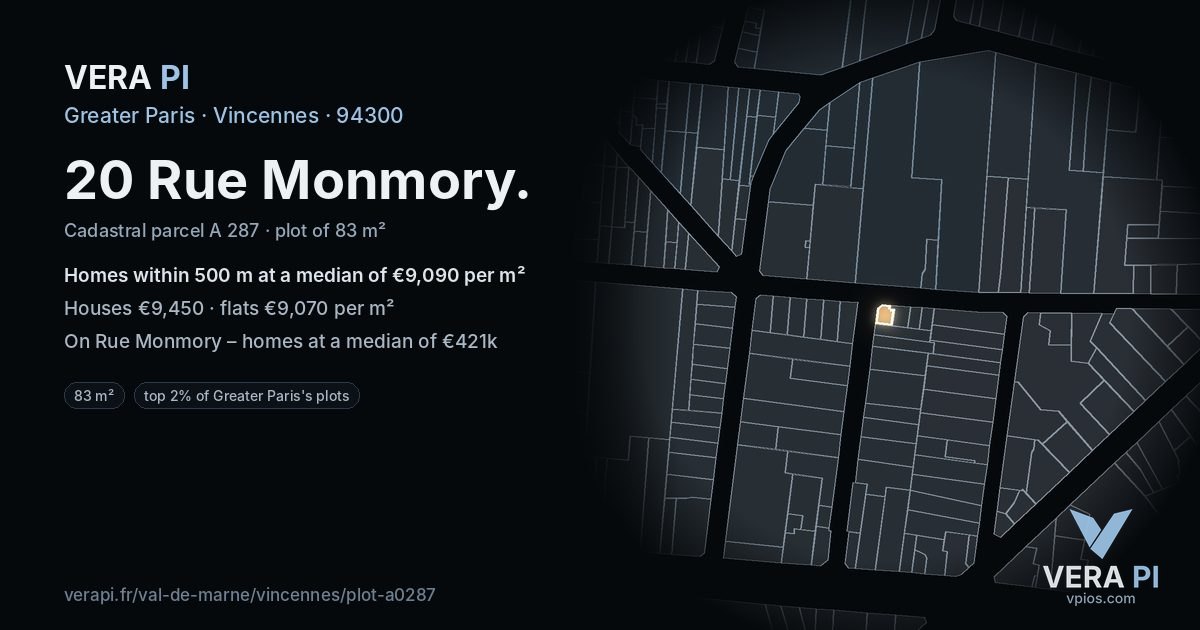 20 Rue Monmory, Vincennes at night – the plot lit, the parcels around coloured by the prices near them
