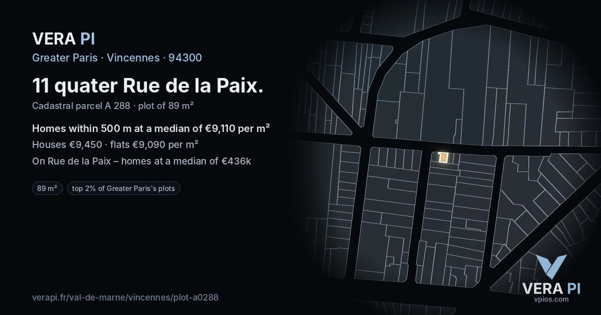 11 quater Rue de la Paix, Vincennes at night – the plot lit, the parcels around coloured by the prices near them
