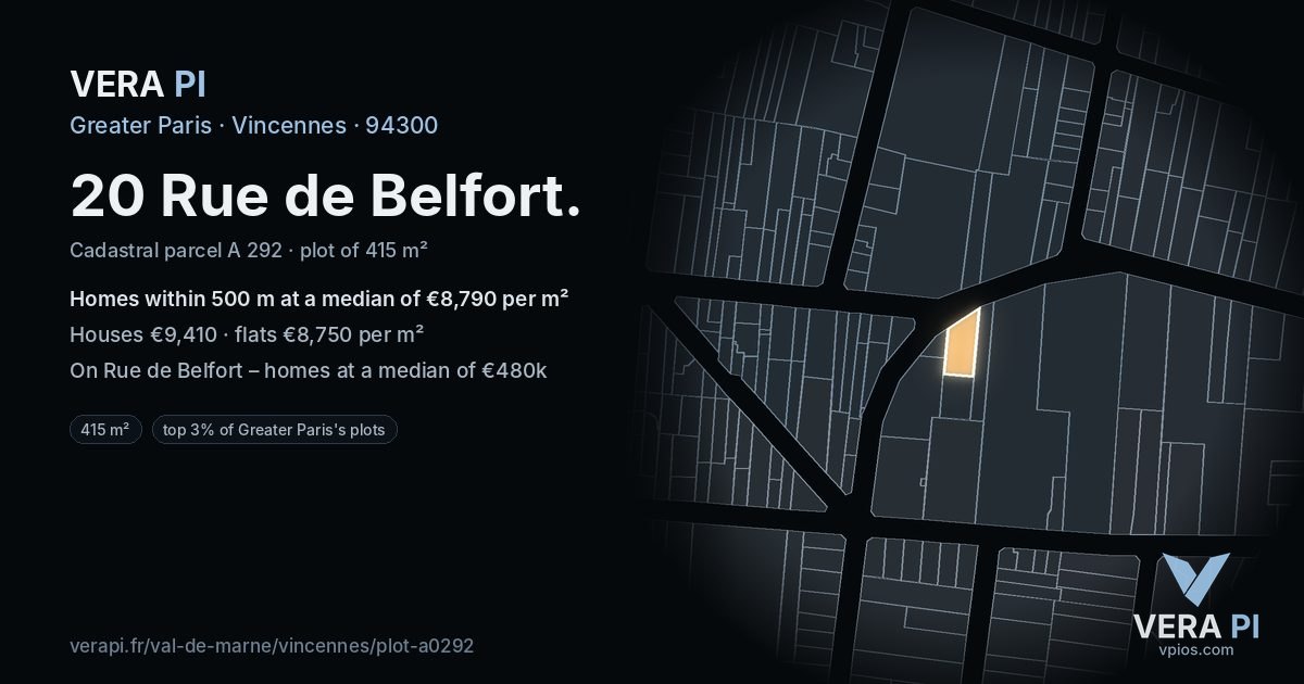 20 Rue de Belfort, Vincennes at night – the plot lit, the parcels around coloured by the prices near them