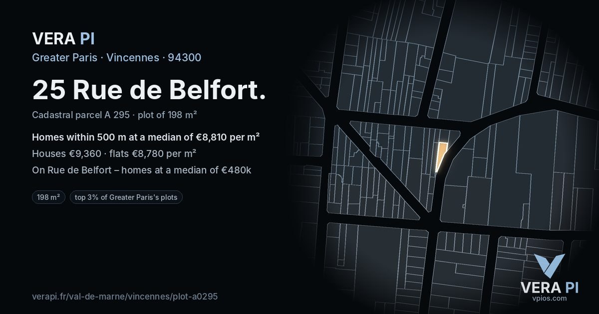 25 Rue de Belfort, Vincennes at night – the plot lit, the parcels around coloured by the prices near them
