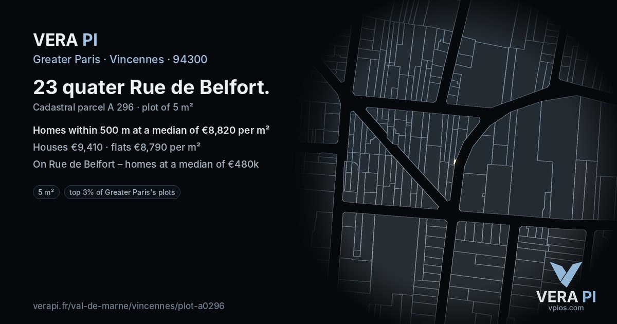 23 quater Rue de Belfort, Vincennes at night – the plot lit, the parcels around coloured by the prices near them