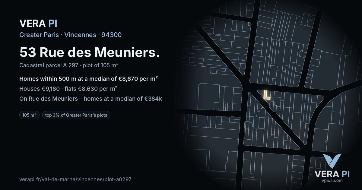 53 Rue des Meuniers, Vincennes at night – the plot lit, the parcels around coloured by the prices near them