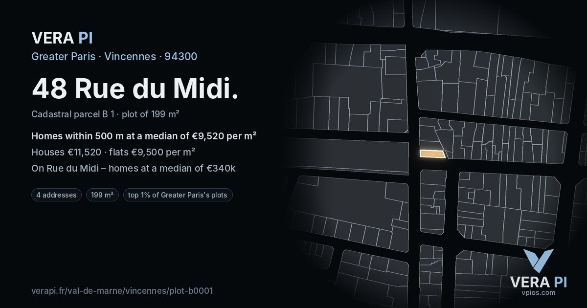 48 Rue du Midi, Vincennes at night – the plot lit, the parcels around coloured by the prices near them
