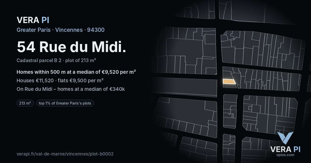 54 Rue du Midi, Vincennes at night – the plot lit, the parcels around coloured by the prices near them